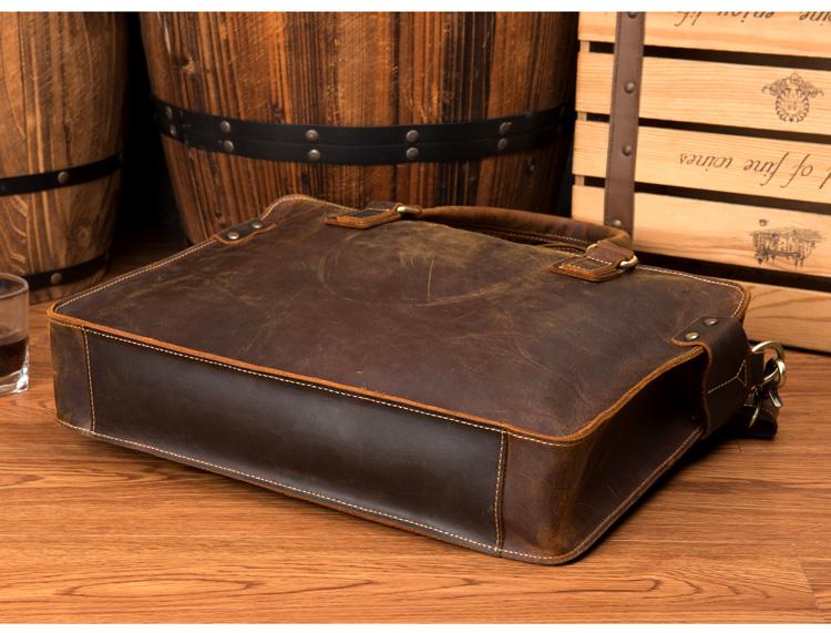 The Viggo Briefcase, a genuine leather messenger bag, showcasing its sleek design, spacious compartments, and high-quality crazy horse leather finish.