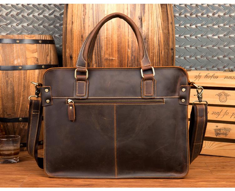 The Viggo Briefcase, a genuine leather messenger bag, showcasing its sleek design, spacious compartments, and high-quality crazy horse leather finish.