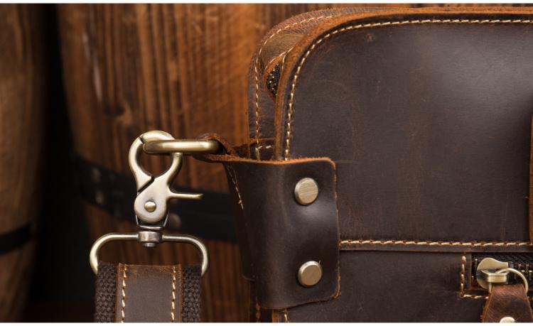 The Viggo Briefcase, a genuine leather messenger bag, showcasing its sleek design, spacious compartments, and high-quality crazy horse leather finish.