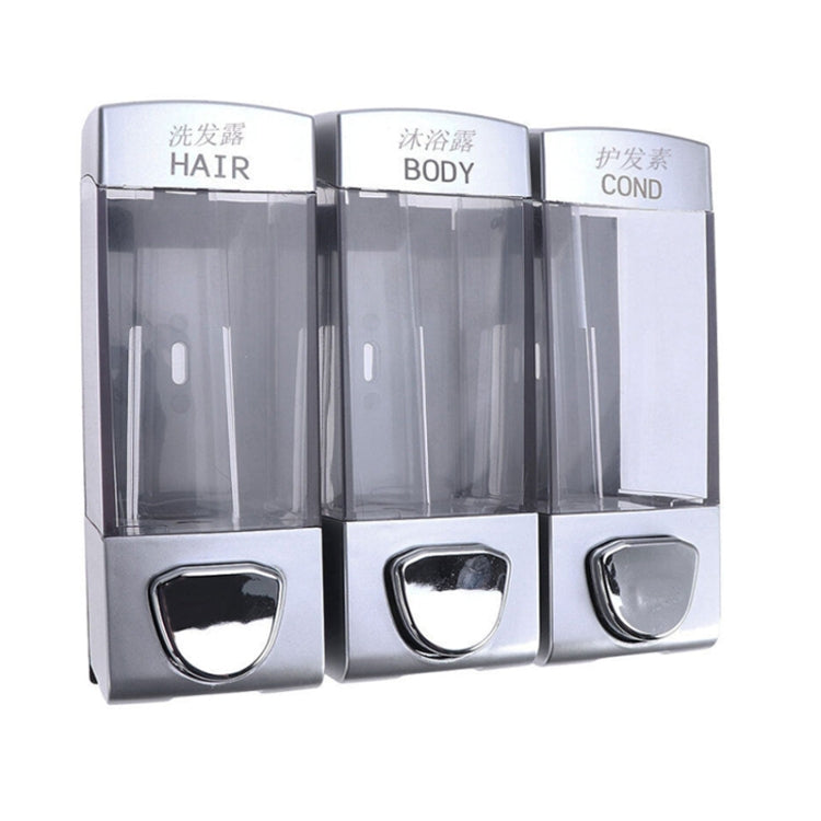 Three Head Wall Mounted Manual Press Soap Dispenser with transparent design and ABS material, ideal for liquid dispensing in various settings.