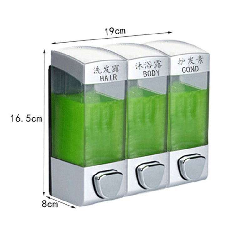 Three Head Wall Mounted Manual Press Soap Dispenser with transparent design and ABS material, ideal for liquid dispensing in various settings.