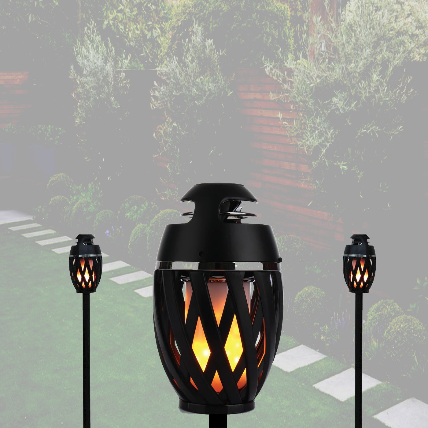 Tiki Tiki To To Outdoor LED Torch with Bluetooth Speaker, featuring a flickering LED flame and adjustable pole for outdoor parties.