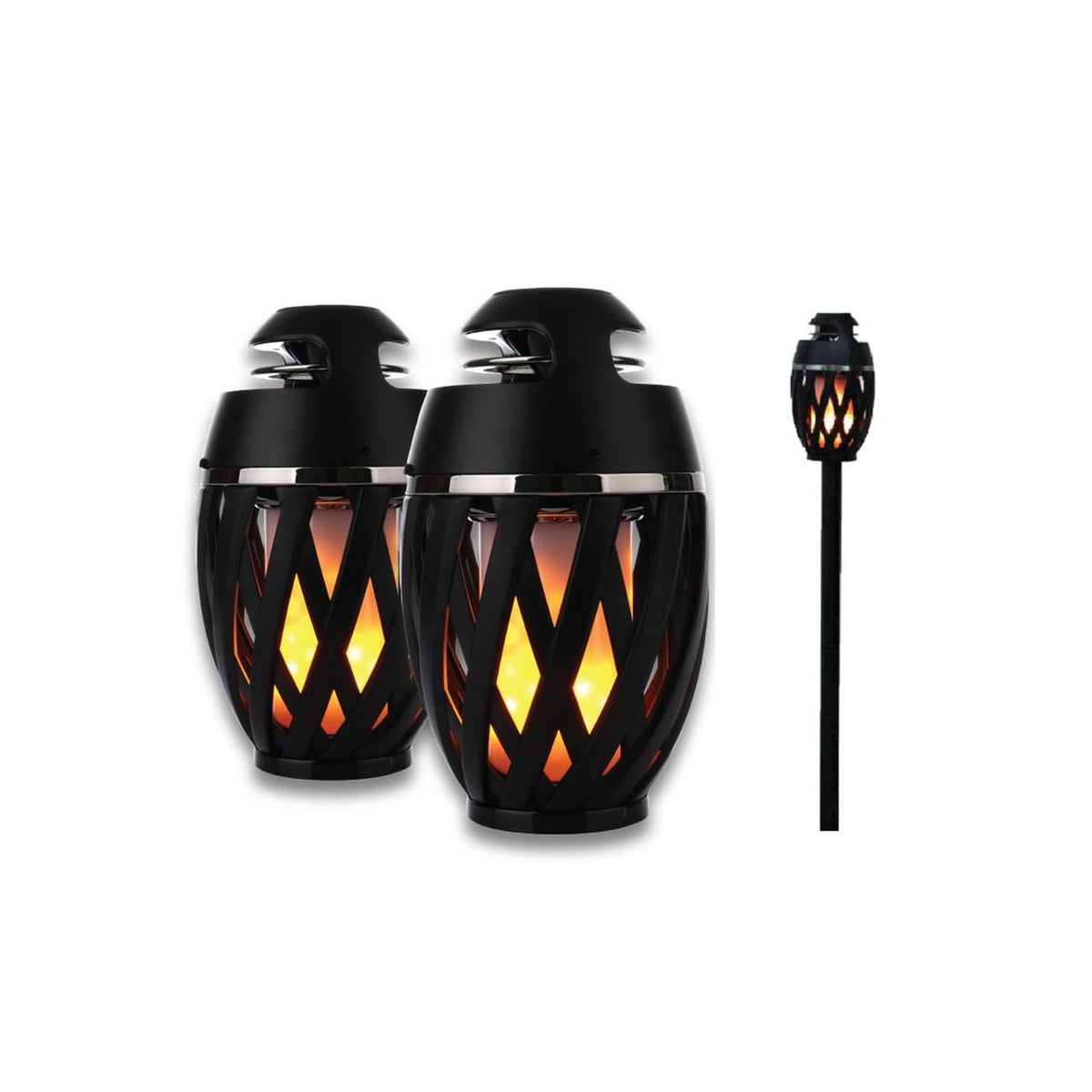 Tiki Tiki To To Outdoor LED Torch with Bluetooth Speaker, featuring a flickering LED flame and adjustable pole for outdoor parties.