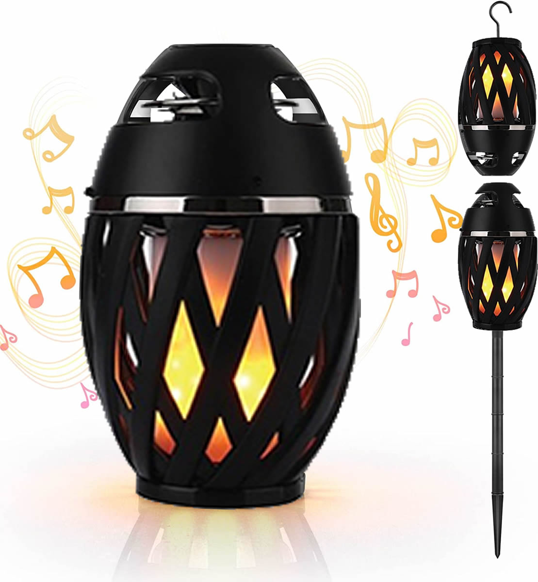 Tiki Tiki To To Outdoor LED Torch with Bluetooth Speaker, featuring a flickering LED flame and adjustable pole for outdoor parties.