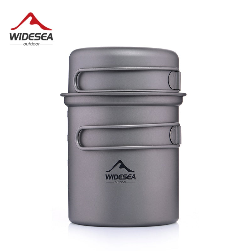 A lightweight titanium cooking pot set designed for outdoor camping and hiking, showcasing its sleek design and durable material.