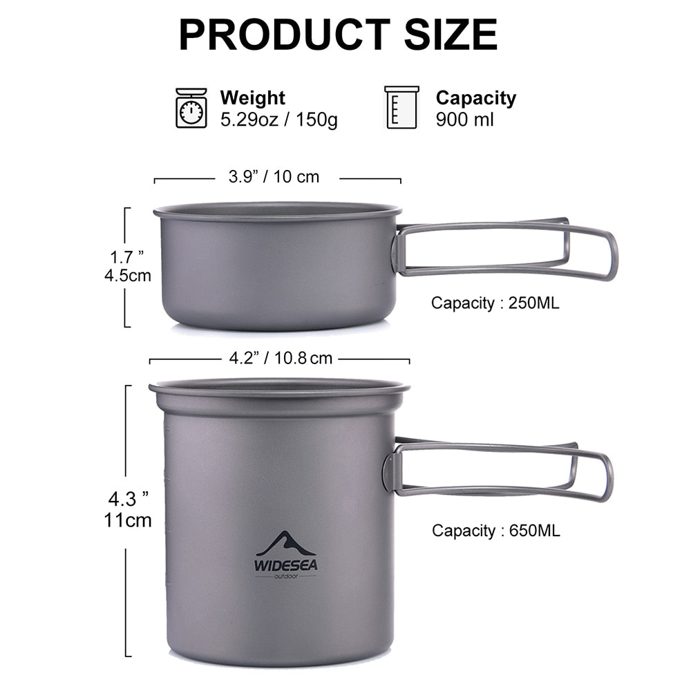 A lightweight titanium cooking pot set designed for outdoor camping and hiking, showcasing its sleek design and durable material.