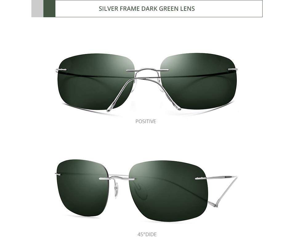 A pair of ultralight titanium rimless sunglasses for men, featuring polarized UV400 lenses and a stylish frameless design.