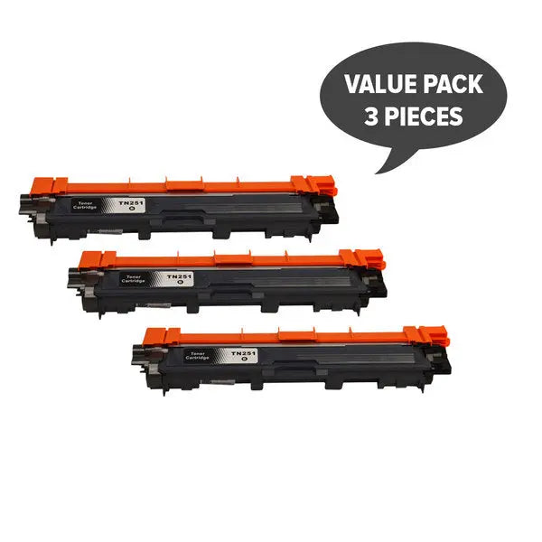 Set of 3 TN-251 Black Premium Generic Toner cartridges, showcasing their sleek design and compatibility for high-quality printing.