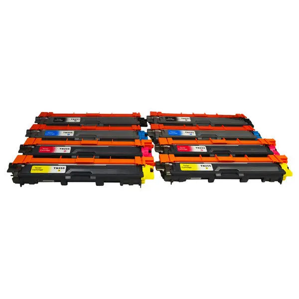 TN-251 TN-255 Premium Generic Toner Set of 8 including Black, Cyan, Magenta, and Yellow cartridges, ideal for vibrant printing.