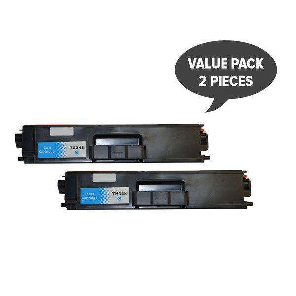 Set of two TN-348 Cyan Super High Yield toner cartridges, designed for high-quality printing.