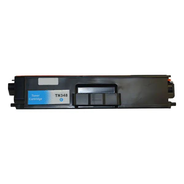 TN-348 Cyan Super High Yield Generic Toner cartridge with vibrant cyan color and high yield capacity.