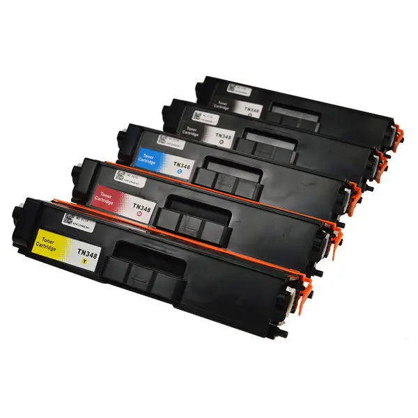 TN-348 Super High Yield Generic Toner Set of 5 including two black, one cyan, one magenta, and one yellow cartridge.