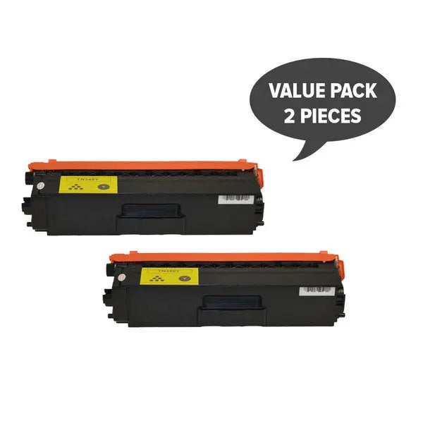 Set of two TN-348 Yellow Super High Yield toner cartridges, designed for high-volume printing with vibrant color output.