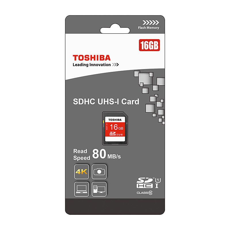 TOSHIBA 16GB SDHC USH-1 Card showcasing its compact design and storage capacity.