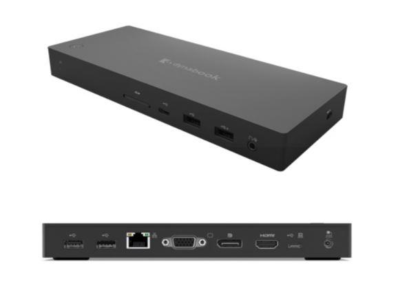 Toshiba PA5356A Dynadock USB-C Dock with HDMI, DisplayPort, and multiple USB ports, showcasing its sleek design and connectivity options.