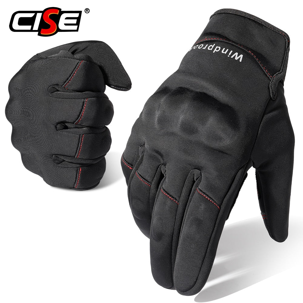 A pair of black touch screen motorcycle gloves designed for winter riding, featuring thermal insulation and non-slip grip.