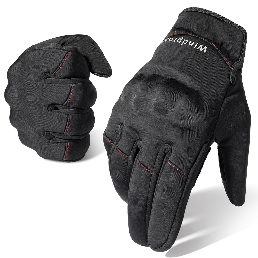 A pair of black touch screen motorcycle gloves designed for winter riding, featuring thermal insulation and non-slip grip.