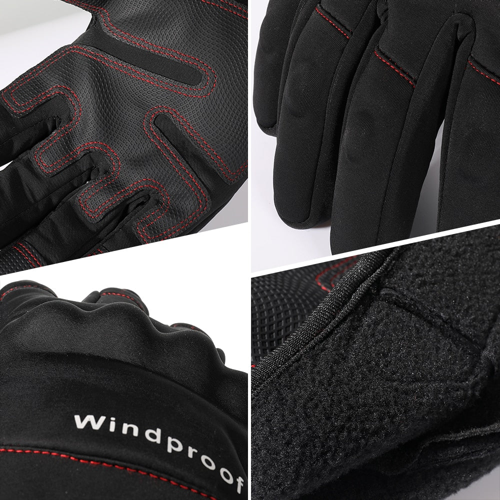 A pair of black touch screen motorcycle gloves designed for winter riding, featuring thermal insulation and non-slip grip.