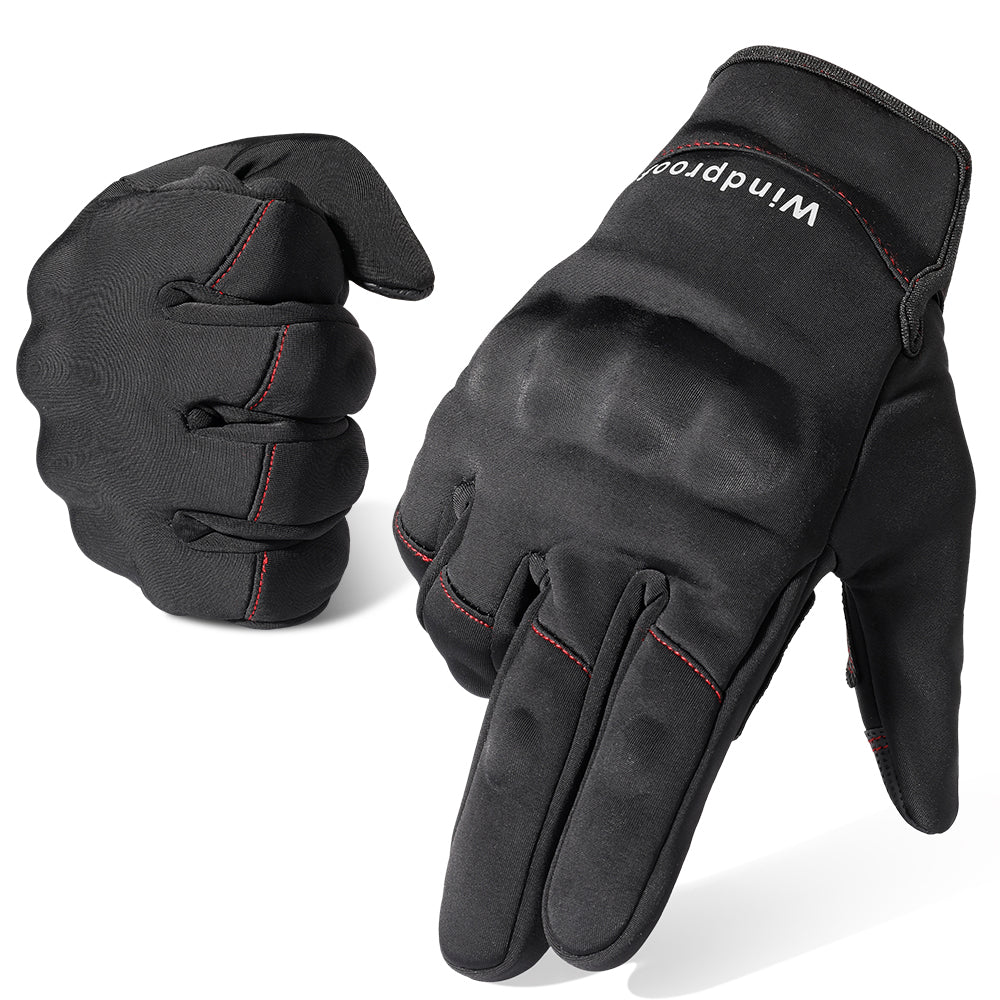 A pair of black touch screen motorcycle gloves designed for winter riding, featuring thermal insulation and non-slip grip.