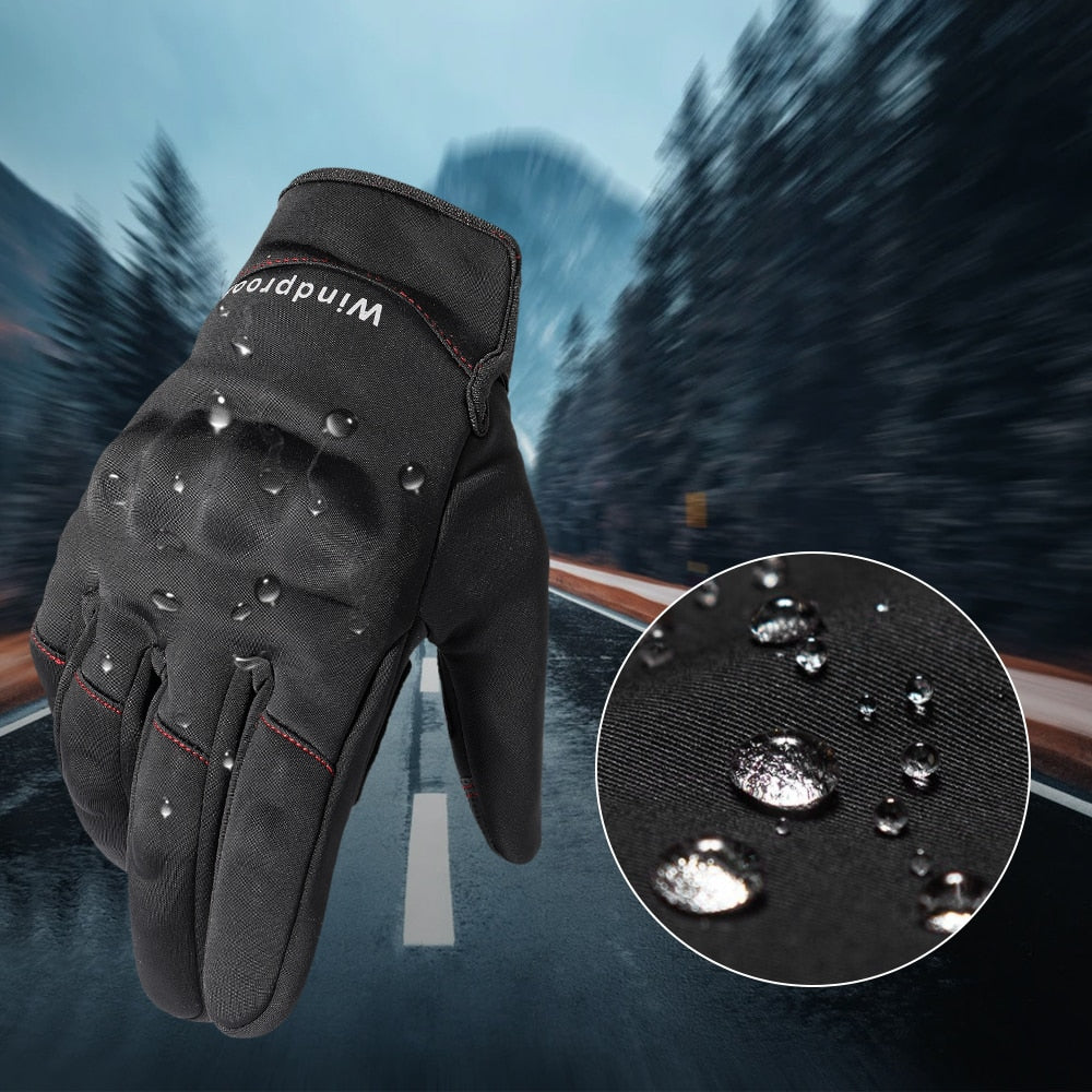 A pair of black touch screen motorcycle gloves designed for winter riding, featuring thermal insulation and non-slip grip.