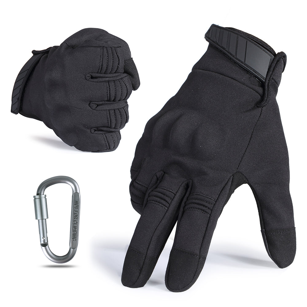 A pair of black touch screen motorcycle gloves designed for winter riding, featuring thermal insulation and non-slip grip.