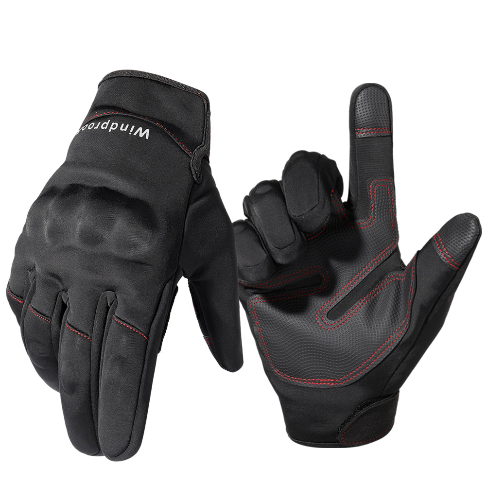 A pair of black touch screen motorcycle gloves designed for winter riding, featuring thermal insulation and non-slip grip.