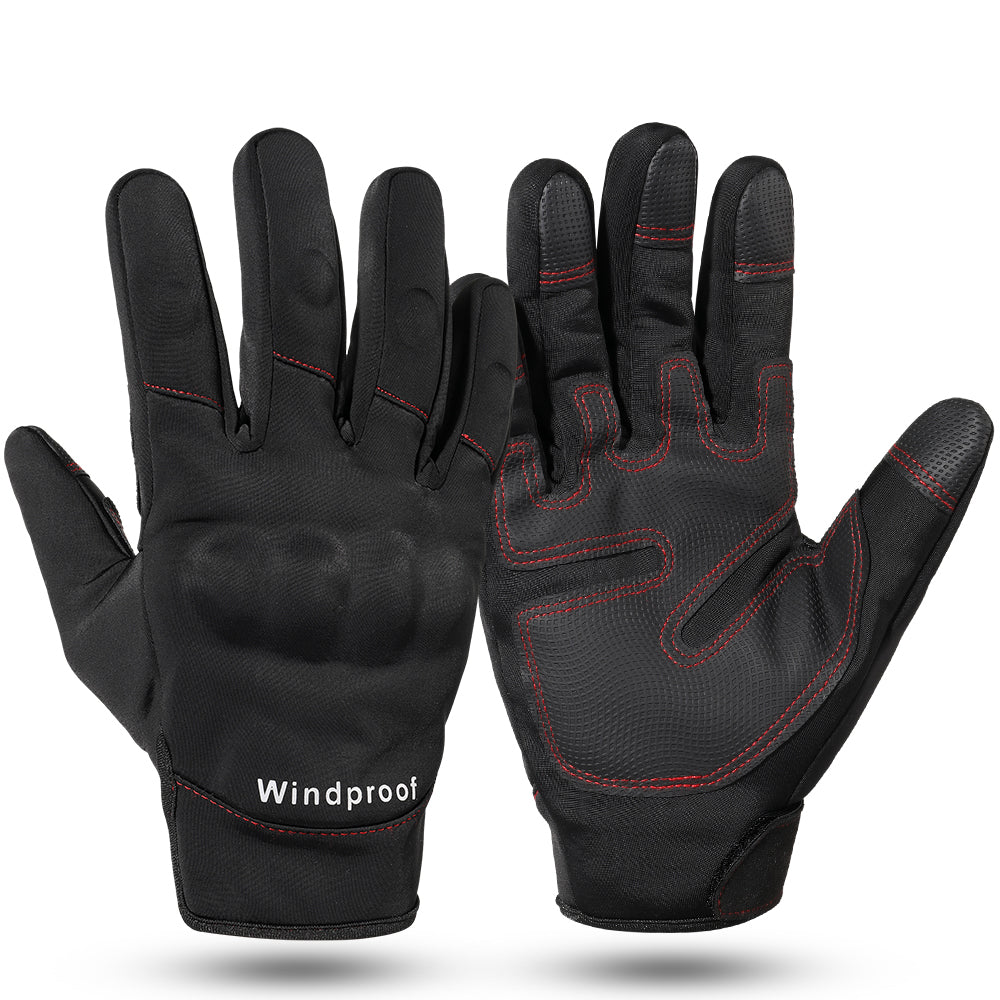 A pair of black touch screen motorcycle gloves designed for winter riding, featuring thermal insulation and non-slip grip.