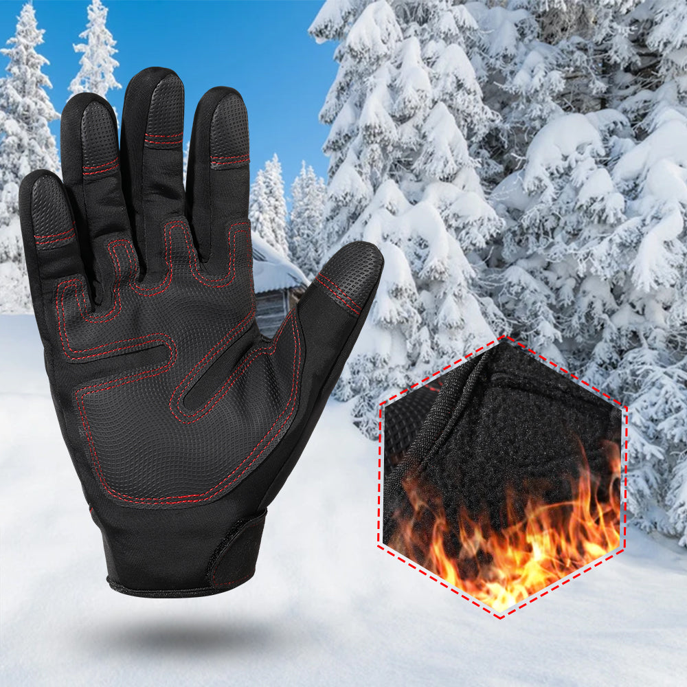 A pair of black touch screen motorcycle gloves designed for winter riding, featuring thermal insulation and non-slip grip.