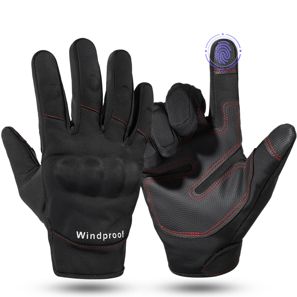 A pair of black touch screen motorcycle gloves designed for winter riding, featuring thermal insulation and non-slip grip.