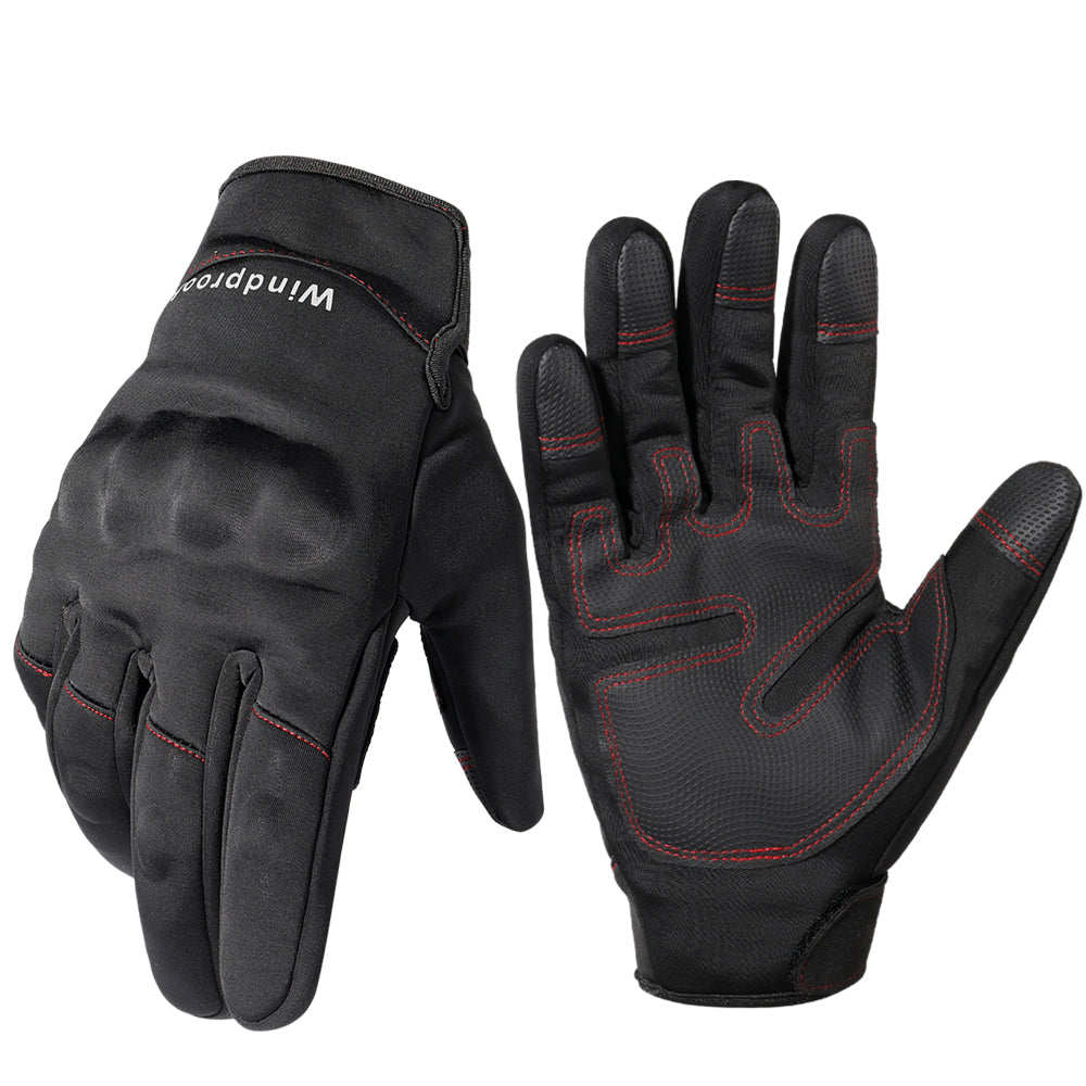 A pair of black touch screen motorcycle gloves designed for winter riding, featuring thermal insulation and non-slip grip.