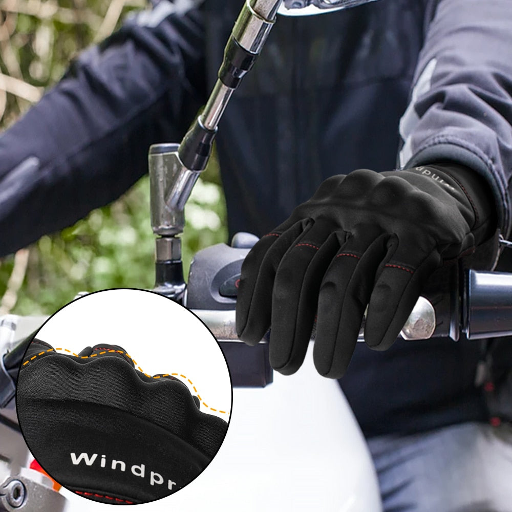 A pair of black touch screen motorcycle gloves designed for winter riding, featuring thermal insulation and non-slip grip.