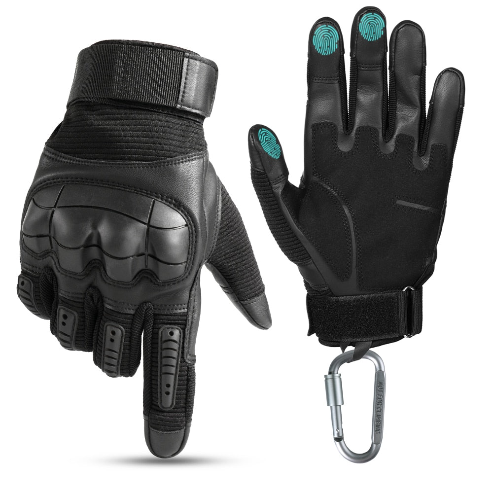 A pair of Touchscreen PU Leather Motorcycle Gloves in black, showcasing their sleek design and full finger coverage for optimal protection.