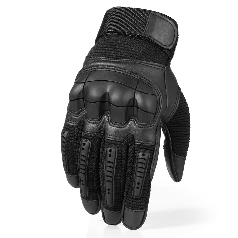 A pair of Touchscreen PU Leather Motorcycle Gloves in black, showcasing their sleek design and full finger coverage for optimal protection.