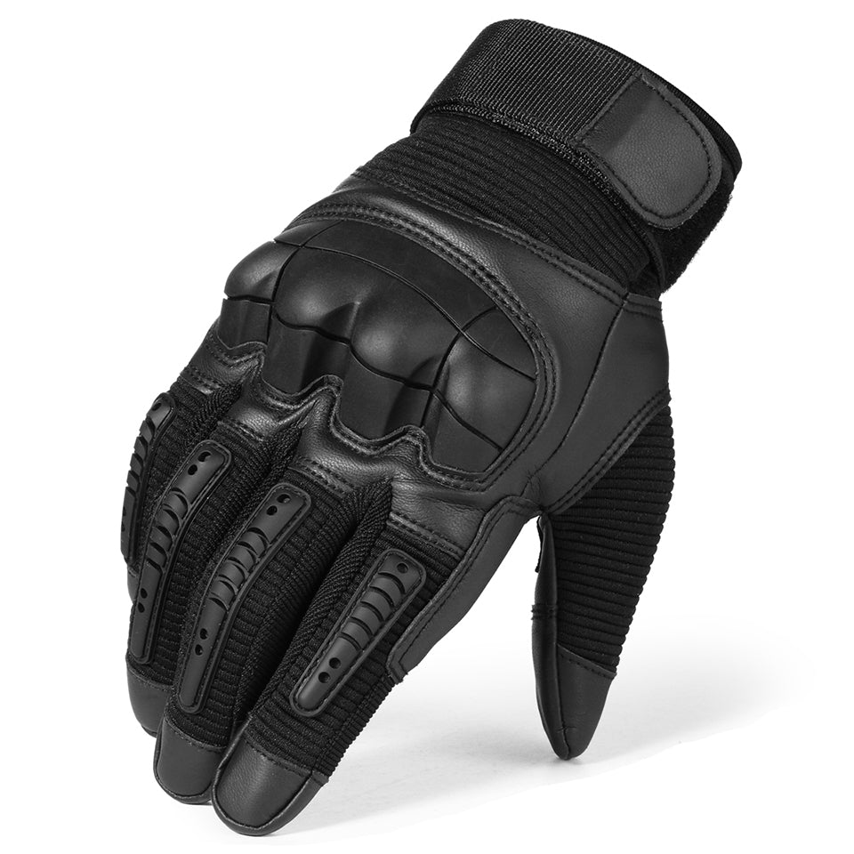 A pair of Touchscreen PU Leather Motorcycle Gloves in black, showcasing their sleek design and full finger coverage for optimal protection.