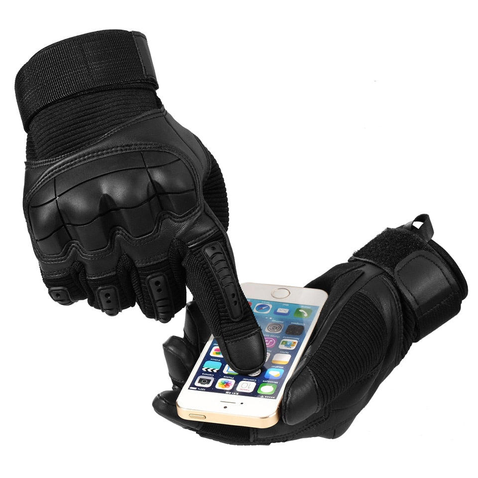 A pair of Touchscreen PU Leather Motorcycle Gloves in black, showcasing their sleek design and full finger coverage for optimal protection.