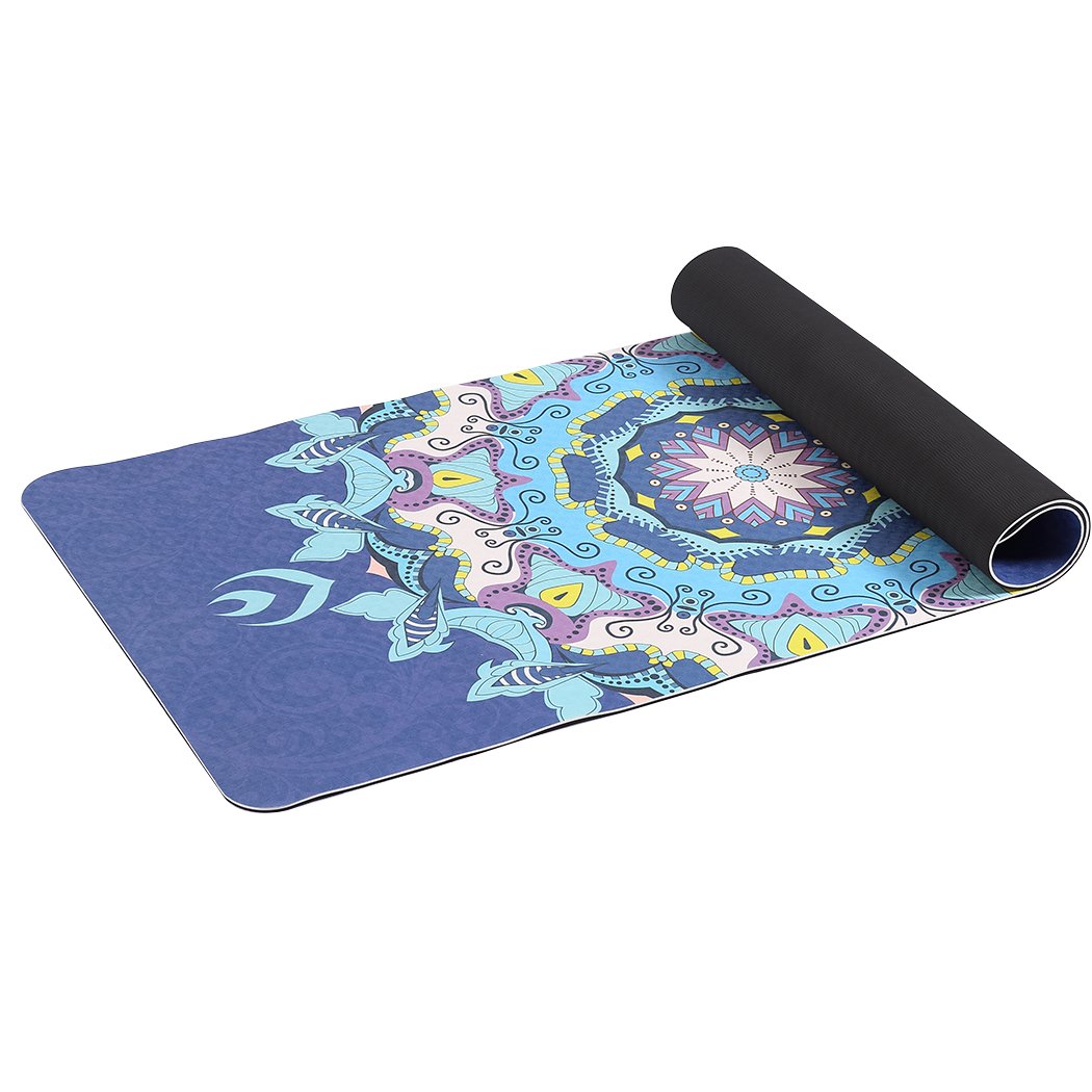 Eco-friendly TPE yoga mat with dual layer non-slip design, featuring traditional engravings and a bonus carry bag for easy transport.