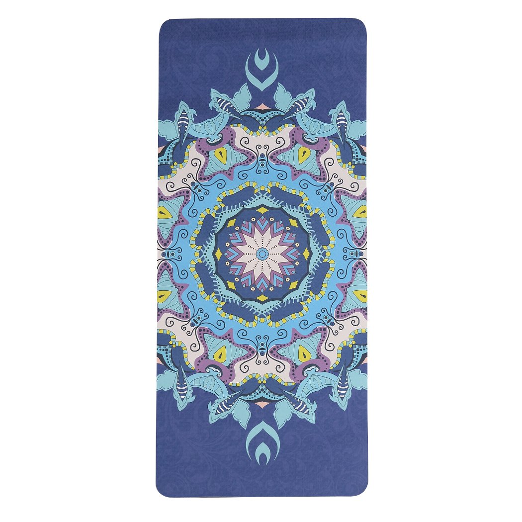 Eco-friendly TPE yoga mat with dual layer non-slip design, featuring traditional engravings and a bonus carry bag for easy transport.