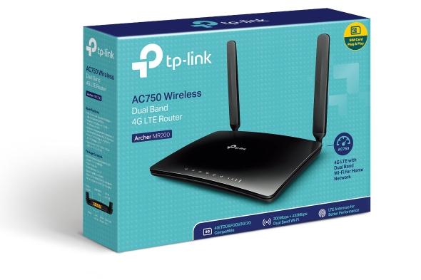 TP-LINK Archer MR200 AC750 Wireless Dual Band 4G LTE Router with antennas and ports visible.