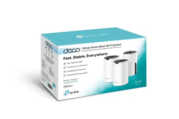 TP-LINK Deco S4 Mesh Wi-Fi System, three units in a pack, designed for seamless home coverage.