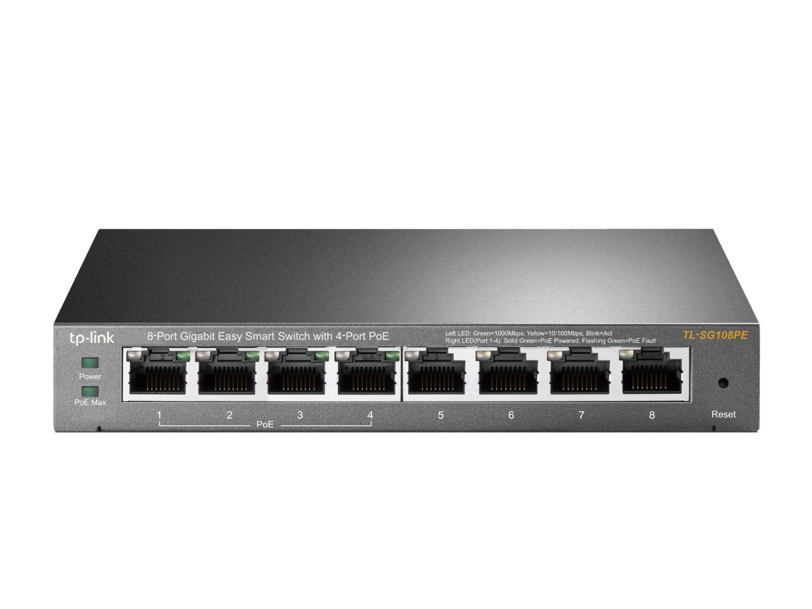 TP-Link JetStream 8-Port Gigabit Easy Smart Switch with 4 PoE ports, showcasing its compact design and multiple RJ45 ports.