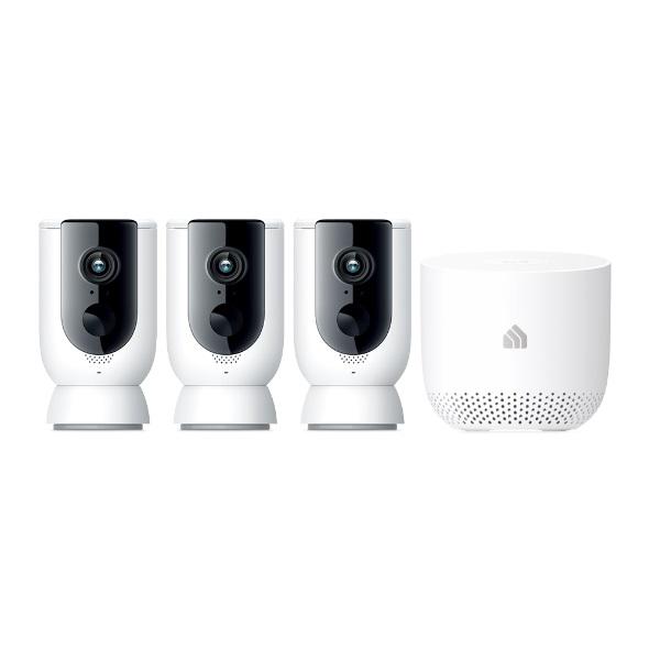 TP-Link Kasa Smart Wire-Free Camera System KC300S3 with three cameras and a hub, showcasing its sleek design and outdoor suitability.