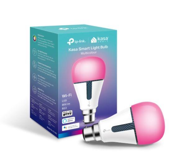 TP-LINK KL130B Kasa Smart Light Bulb with bayonet fitting, showcasing multicolour lighting options.