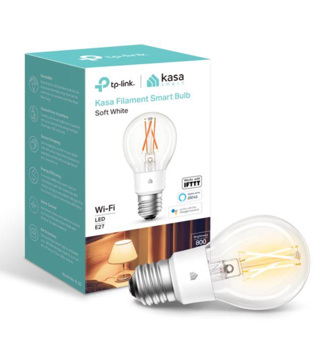 TP-Link KL50 Kasa Filament Smart Bulb with soft white light, showcasing its elegant design and Edison screw fitting.