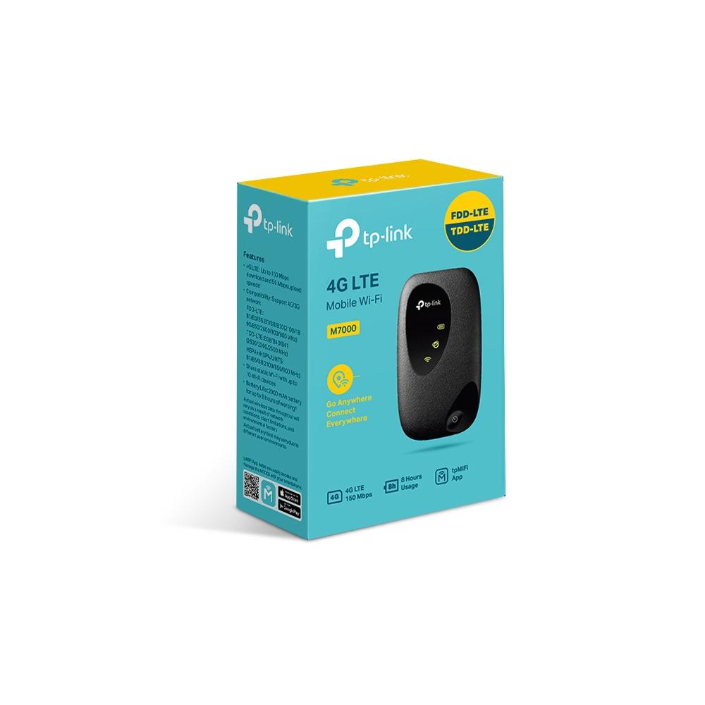 TP-LINK M7000 4G LTE Mobile Wi-Fi device with a compact design, showcasing its ports and LED indicators.