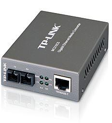 TP-LINK MC210CS Gigabit Media Converter with RJ45 and SC Fiber ports, designed for high-speed network connectivity.