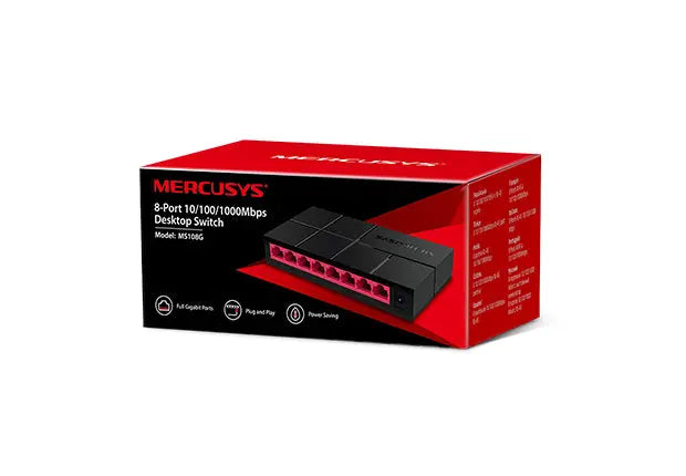 TP-LINK MS108G 8-Port Gigabit Desktop Switch with eight RJ45 ports in a compact red and black design.