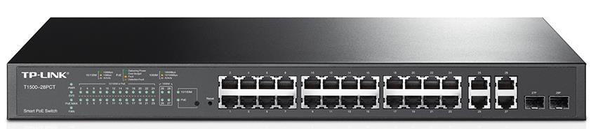 TP-LINK T1500-28PCT JetStream 24-Port Gigabit Smart PoE+ Switch with 24 PoE ports and 4 Gigabit ports, designed for efficient network management.