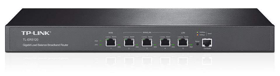 TP-LINK TL-ER5120 Gigabit Multi-WAN Load Balance Router with 5 ports, showcasing its sleek design and multiple connectivity options.