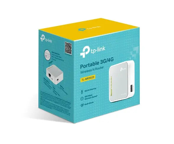 TP-LINK TL-MR3020 Portable 3G/4G Wireless N Router with USB ports and compact design.