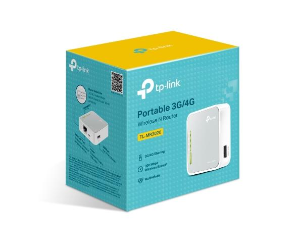 TP-LINK TL-MR3020 Portable 3G/4G Wireless N Router with USB ports and compact design.